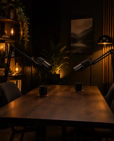 Podcast table with two boom microphones