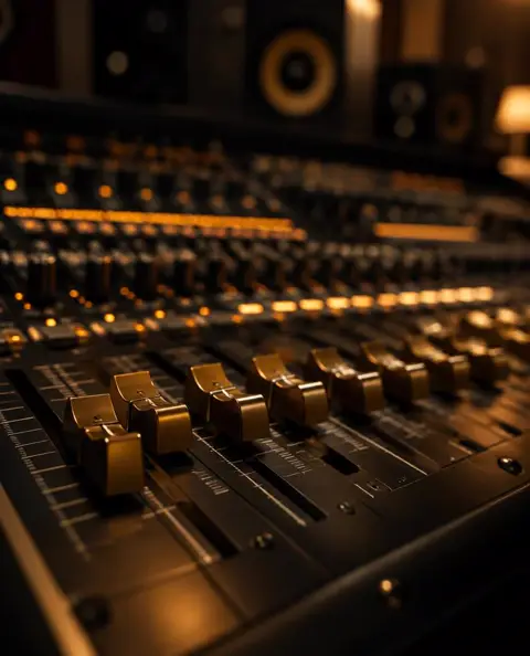 Mixing console faders glowing amber