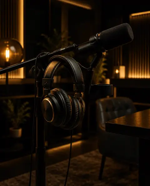 Studio headphones on a microphone stand
